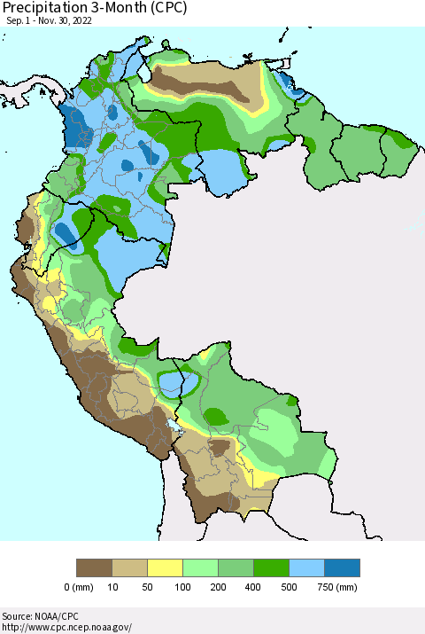 Northern South America Precipitation 3-Month (CPC) Thematic Map For 9/1/2022 - 11/30/2022