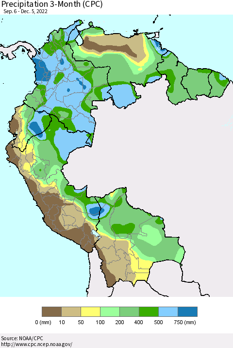 Northern South America Precipitation 3-Month (CPC) Thematic Map For 9/6/2022 - 12/5/2022