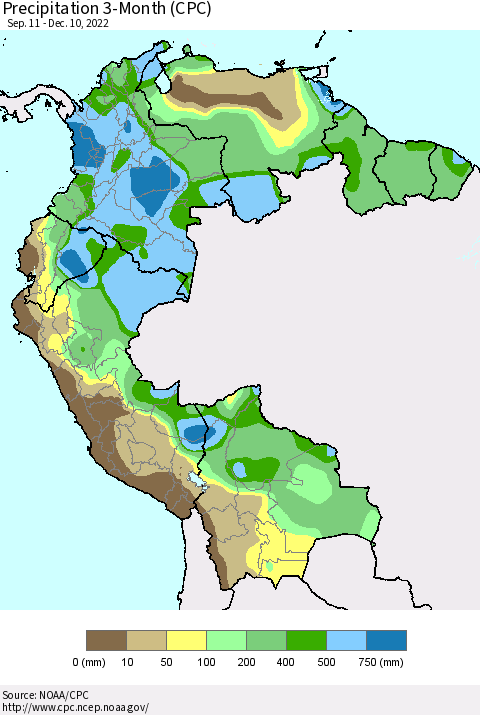 Northern South America Precipitation 3-Month (CPC) Thematic Map For 9/11/2022 - 12/10/2022