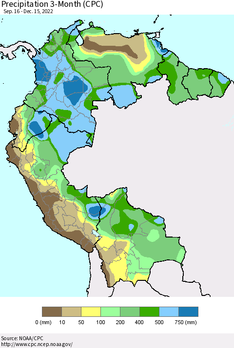 Northern South America Precipitation 3-Month (CPC) Thematic Map For 9/16/2022 - 12/15/2022