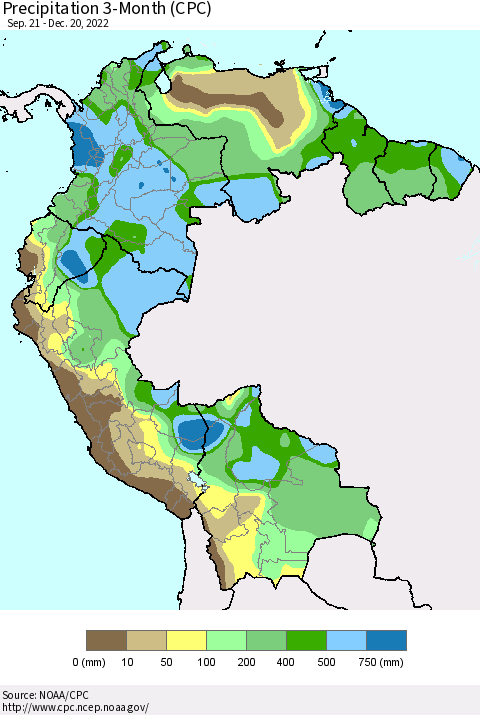 Northern South America Precipitation 3-Month (CPC) Thematic Map For 9/21/2022 - 12/20/2022