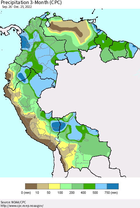 Northern South America Precipitation 3-Month (CPC) Thematic Map For 9/26/2022 - 12/25/2022