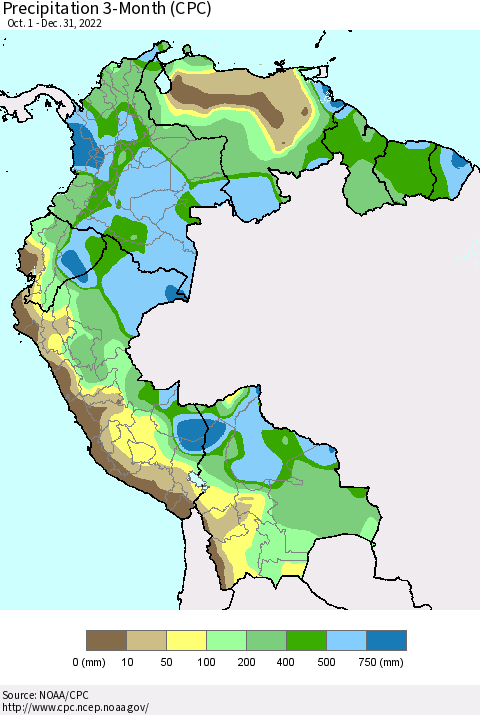 Northern South America Precipitation 3-Month (CPC) Thematic Map For 10/1/2022 - 12/31/2022