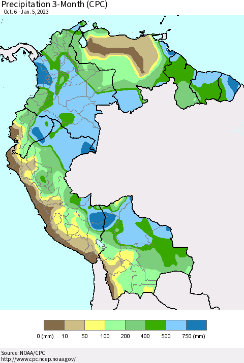 Northern South America Precipitation 3-Month (CPC) Thematic Map For 10/6/2022 - 1/5/2023