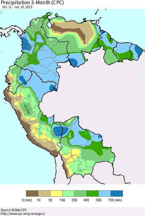 Northern South America Precipitation 3-Month (CPC) Thematic Map For 10/11/2022 - 1/10/2023