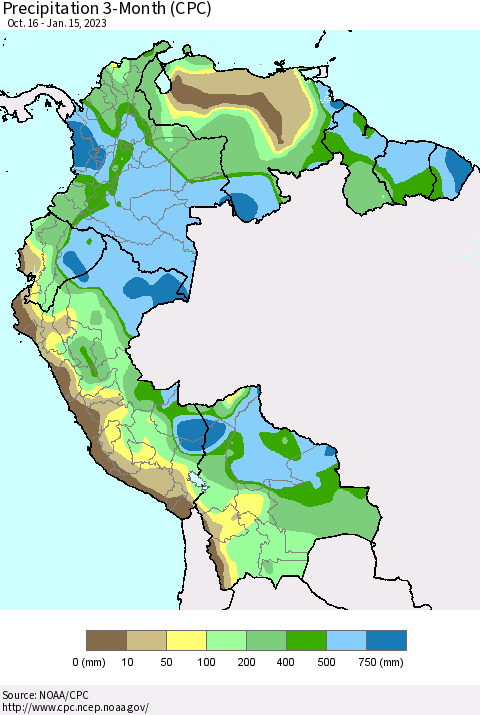 Northern South America Precipitation 3-Month (CPC) Thematic Map For 10/16/2022 - 1/15/2023