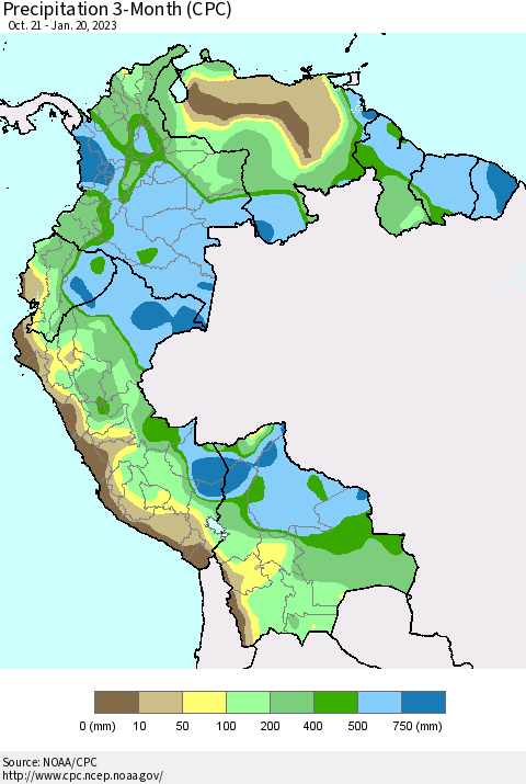 Northern South America Precipitation 3-Month (CPC) Thematic Map For 10/21/2022 - 1/20/2023