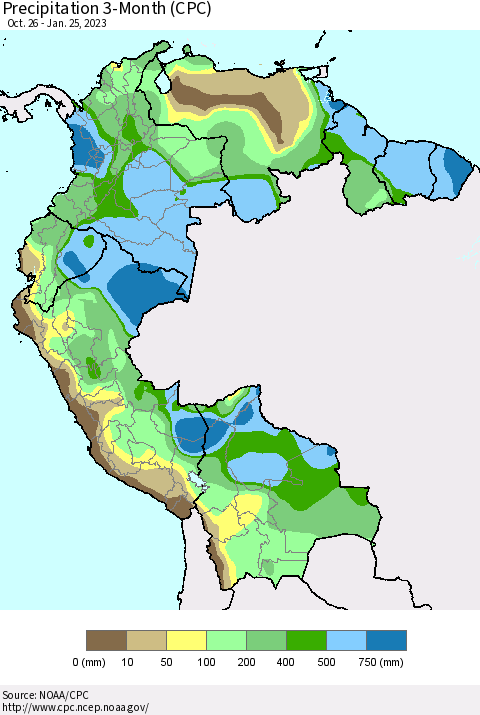 Northern South America Precipitation 3-Month (CPC) Thematic Map For 10/26/2022 - 1/25/2023