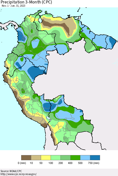 Northern South America Precipitation 3-Month (CPC) Thematic Map For 11/1/2022 - 1/31/2023