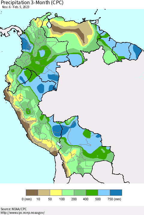 Northern South America Precipitation 3-Month (CPC) Thematic Map For 11/6/2022 - 2/5/2023