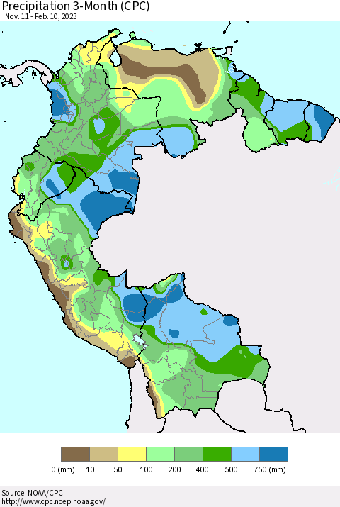 Northern South America Precipitation 3-Month (CPC) Thematic Map For 11/11/2022 - 2/10/2023