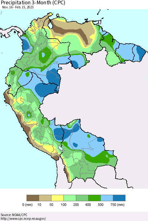 Northern South America Precipitation 3-Month (CPC) Thematic Map For 11/16/2022 - 2/15/2023