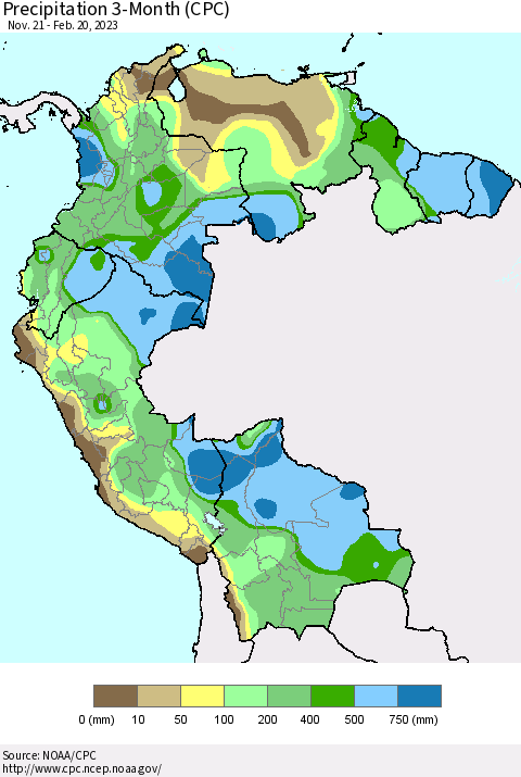 Northern South America Precipitation 3-Month (CPC) Thematic Map For 11/21/2022 - 2/20/2023