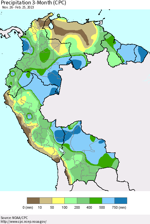 Northern South America Precipitation 3-Month (CPC) Thematic Map For 11/26/2022 - 2/25/2023