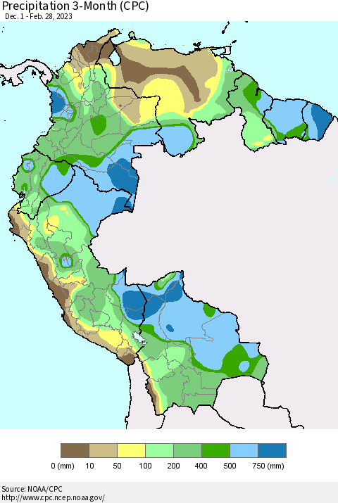 Northern South America Precipitation 3-Month (CPC) Thematic Map For 12/1/2022 - 2/28/2023