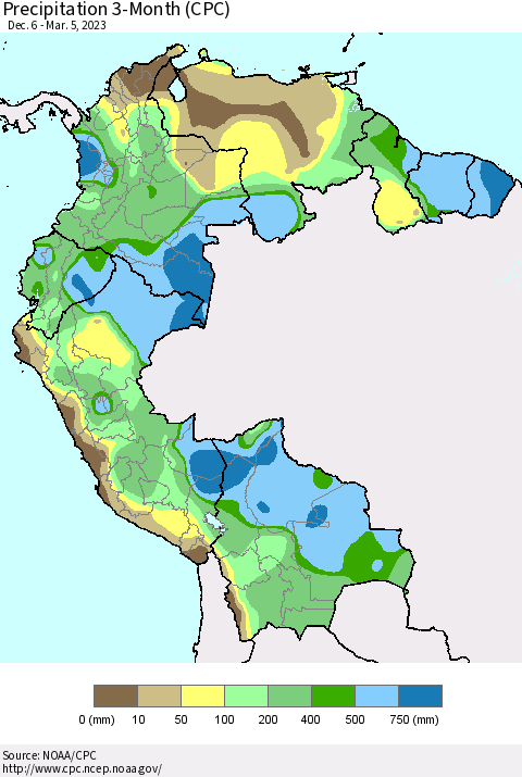 Northern South America Precipitation 3-Month (CPC) Thematic Map For 12/6/2022 - 3/5/2023