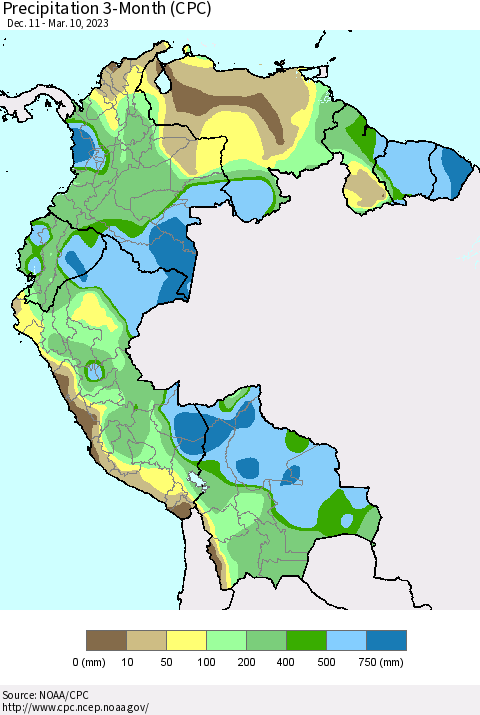 Northern South America Precipitation 3-Month (CPC) Thematic Map For 12/11/2022 - 3/10/2023