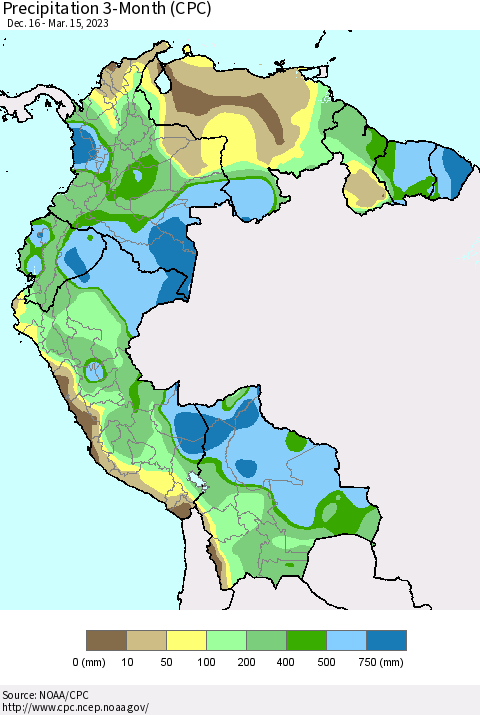 Northern South America Precipitation 3-Month (CPC) Thematic Map For 12/16/2022 - 3/15/2023