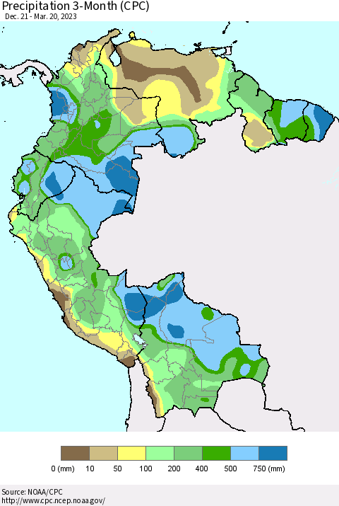 Northern South America Precipitation 3-Month (CPC) Thematic Map For 12/21/2022 - 3/20/2023