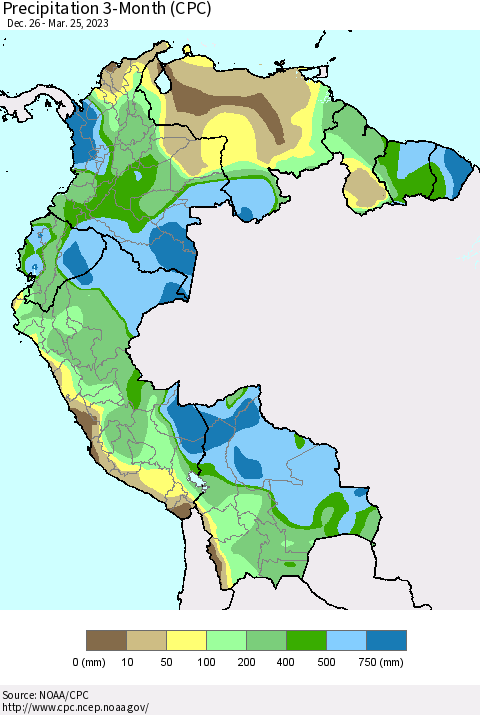Northern South America Precipitation 3-Month (CPC) Thematic Map For 12/26/2022 - 3/25/2023