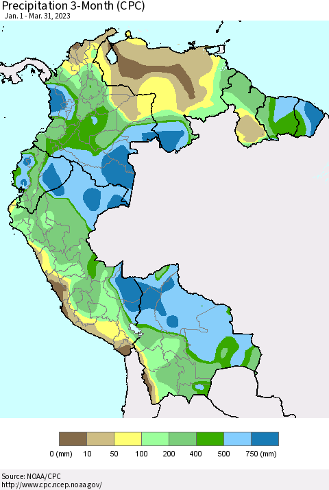 Northern South America Precipitation 3-Month (CPC) Thematic Map For 1/1/2023 - 3/31/2023