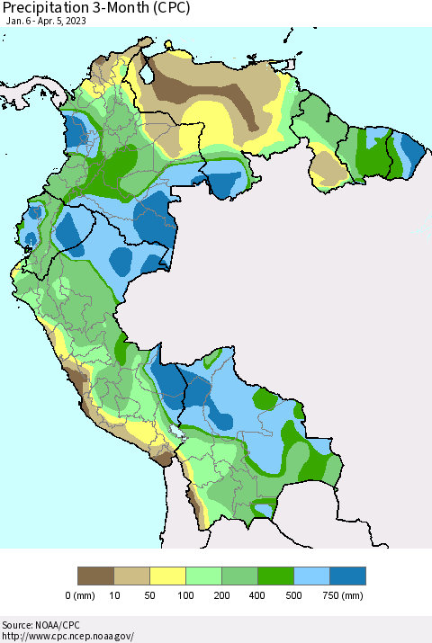 Northern South America Precipitation 3-Month (CPC) Thematic Map For 1/6/2023 - 4/5/2023