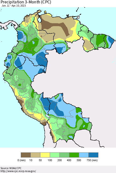 Northern South America Precipitation 3-Month (CPC) Thematic Map For 1/11/2023 - 4/10/2023