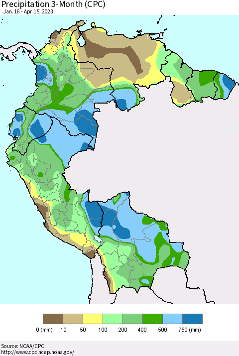 Northern South America Precipitation 3-Month (CPC) Thematic Map For 1/16/2023 - 4/15/2023