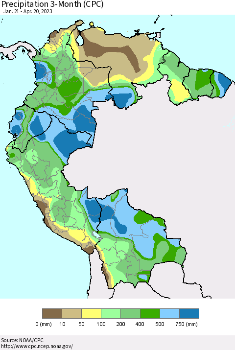 Northern South America Precipitation 3-Month (CPC) Thematic Map For 1/21/2023 - 4/20/2023