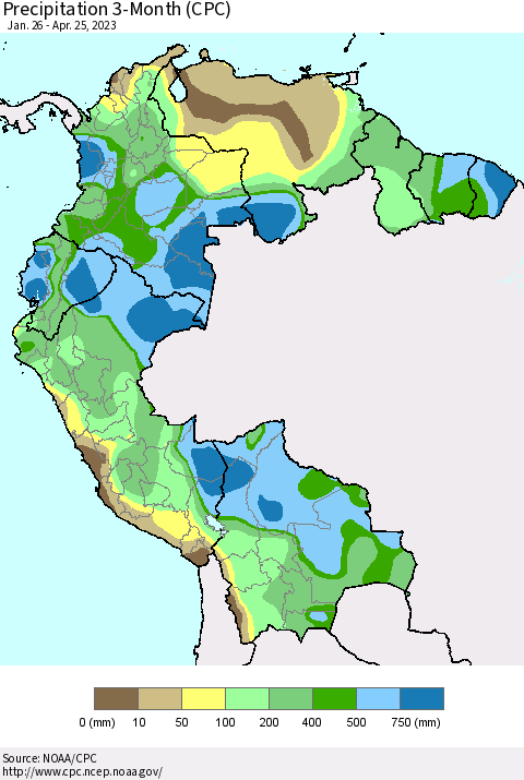 Northern South America Precipitation 3-Month (CPC) Thematic Map For 1/26/2023 - 4/25/2023