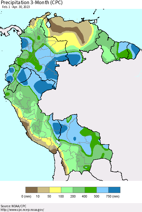 Northern South America Precipitation 3-Month (CPC) Thematic Map For 2/1/2023 - 4/30/2023