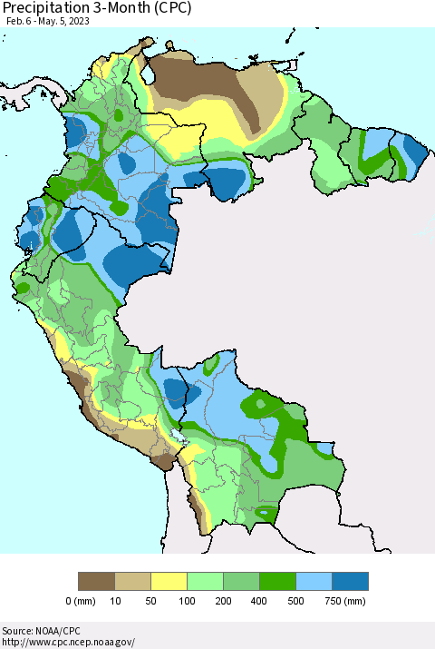 Northern South America Precipitation 3-Month (CPC) Thematic Map For 2/6/2023 - 5/5/2023