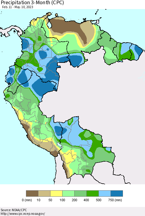 Northern South America Precipitation 3-Month (CPC) Thematic Map For 2/11/2023 - 5/10/2023
