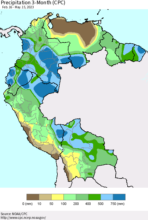 Northern South America Precipitation 3-Month (CPC) Thematic Map For 2/16/2023 - 5/15/2023