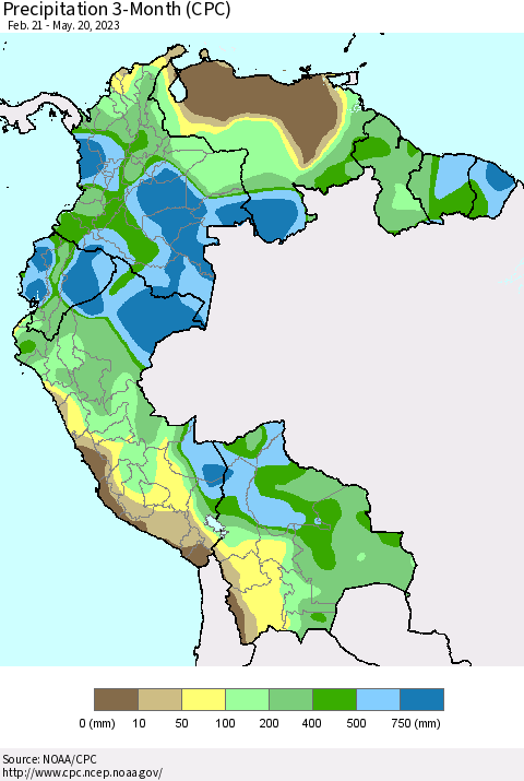 Northern South America Precipitation 3-Month (CPC) Thematic Map For 2/21/2023 - 5/20/2023