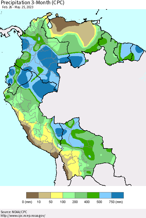Northern South America Precipitation 3-Month (CPC) Thematic Map For 2/26/2023 - 5/25/2023