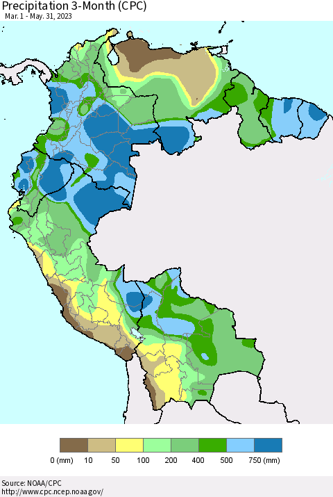 Northern South America Precipitation 3-Month (CPC) Thematic Map For 3/1/2023 - 5/31/2023
