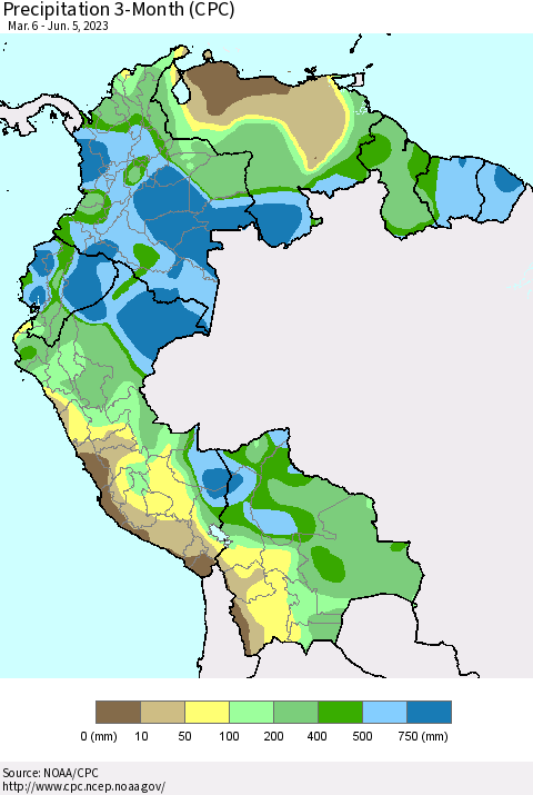 Northern South America Precipitation 3-Month (CPC) Thematic Map For 3/6/2023 - 6/5/2023