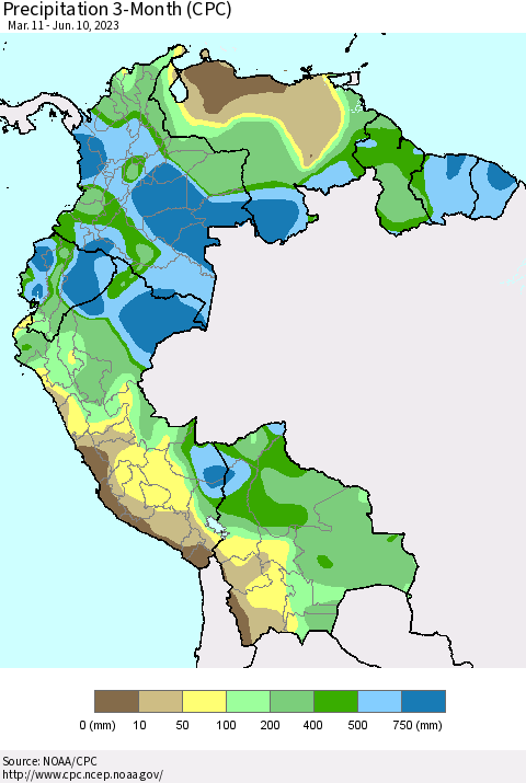 Northern South America Precipitation 3-Month (CPC) Thematic Map For 3/11/2023 - 6/10/2023