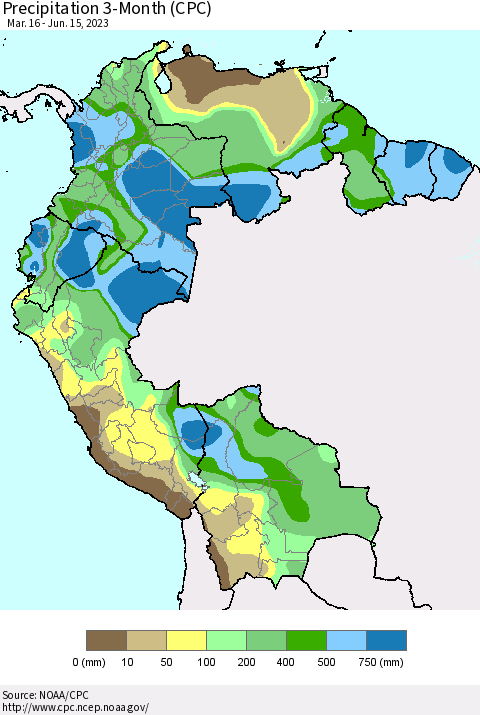 Northern South America Precipitation 3-Month (CPC) Thematic Map For 3/16/2023 - 6/15/2023