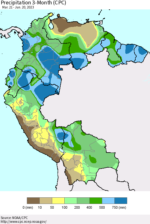 Northern South America Precipitation 3-Month (CPC) Thematic Map For 3/21/2023 - 6/20/2023
