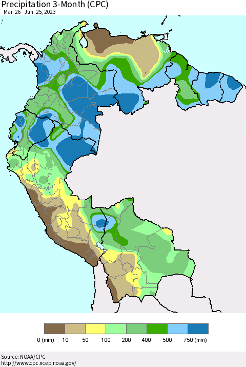 Northern South America Precipitation 3-Month (CPC) Thematic Map For 3/26/2023 - 6/25/2023
