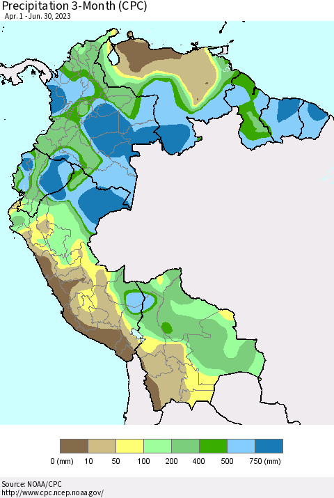 Northern South America Precipitation 3-Month (CPC) Thematic Map For 4/1/2023 - 6/30/2023