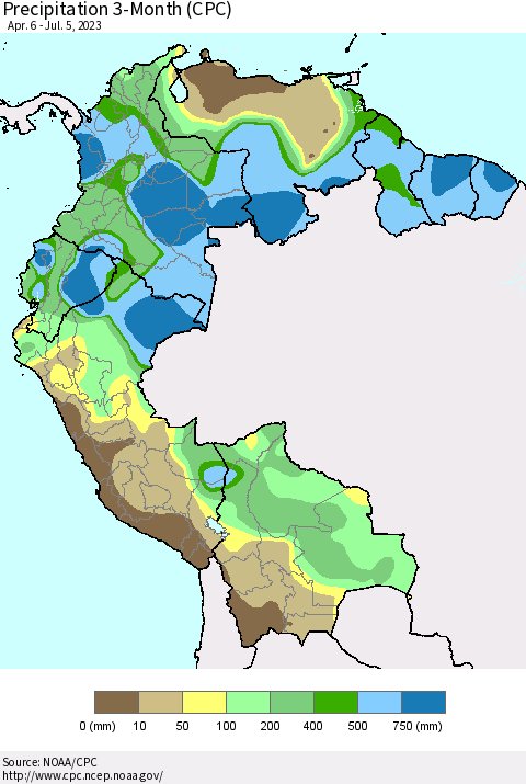 Northern South America Precipitation 3-Month (CPC) Thematic Map For 4/6/2023 - 7/5/2023