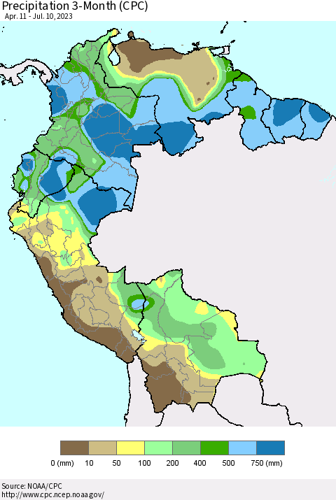 Northern South America Precipitation 3-Month (CPC) Thematic Map For 4/11/2023 - 7/10/2023