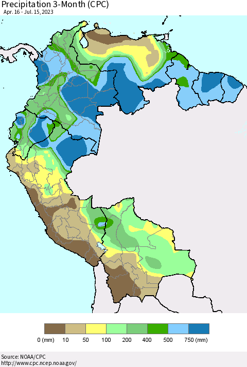 Northern South America Precipitation 3-Month (CPC) Thematic Map For 4/16/2023 - 7/15/2023