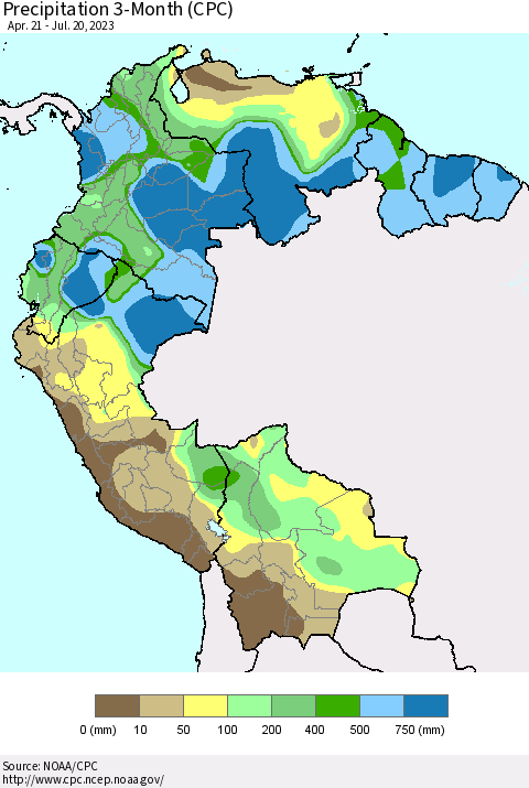 Northern South America Precipitation 3-Month (CPC) Thematic Map For 4/21/2023 - 7/20/2023