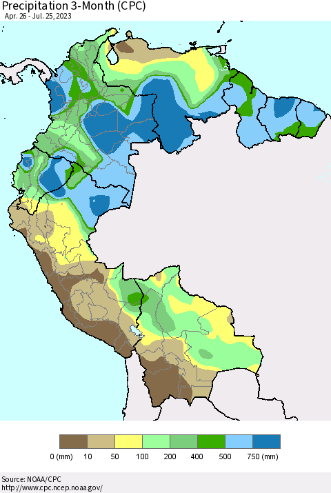 Northern South America Precipitation 3-Month (CPC) Thematic Map For 4/26/2023 - 7/25/2023