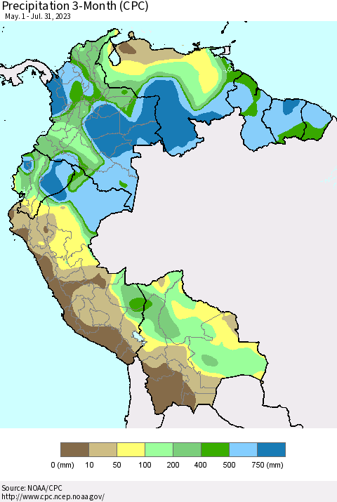 Northern South America Precipitation 3-Month (CPC) Thematic Map For 5/1/2023 - 7/31/2023