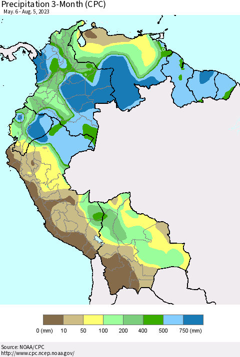 Northern South America Precipitation 3-Month (CPC) Thematic Map For 5/6/2023 - 8/5/2023